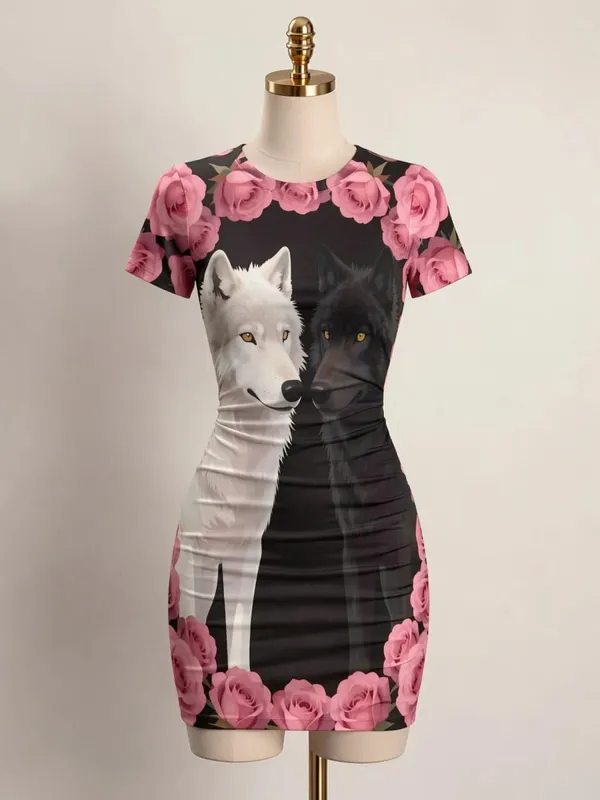 Womens Short Sleeve Bodycon Mini Dress Slim Fit Crew Neck Floral Print Casual Summer Party Cute Elegant Summer Vacation Sundress
