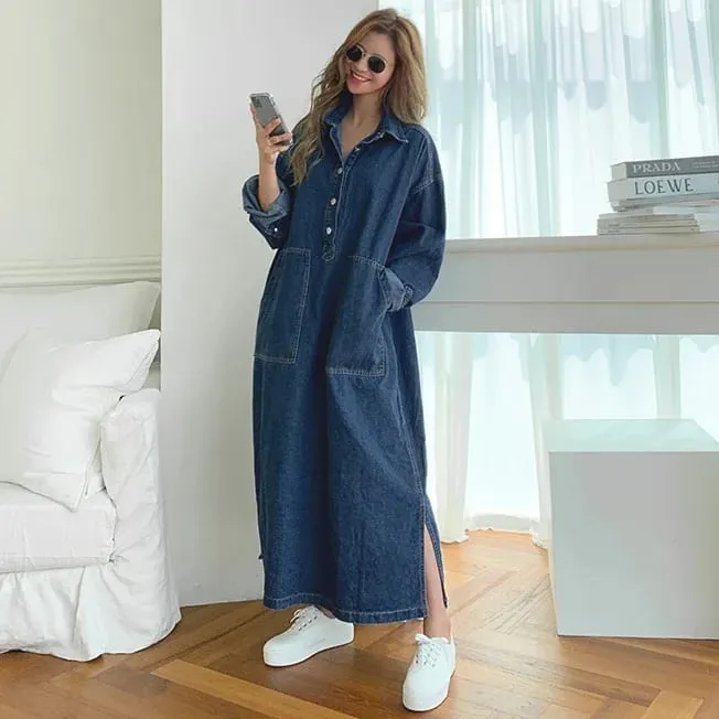 Hosszú ruha Női farmer ruhák lehajtható gallér Egy vonal Vestidos Maxi Mom Farmer Utcai ruházat Alkalmi laza Y2k Nyár 2025 Party