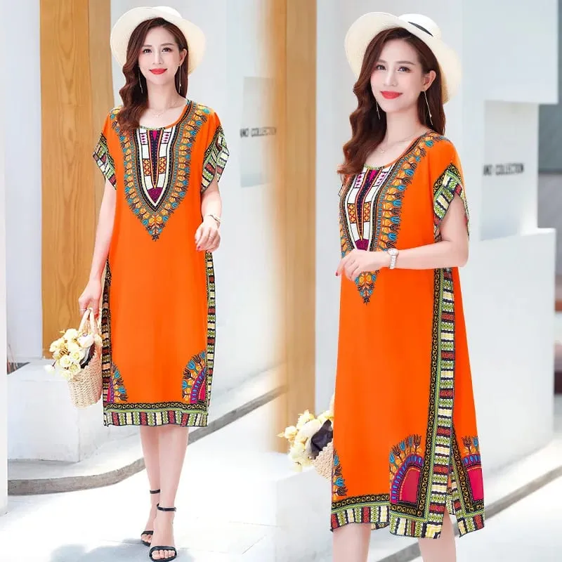 Summer cotton and silk dress medium and long bat sleeve loose large size beach dress mother dress belly and thin skirt women