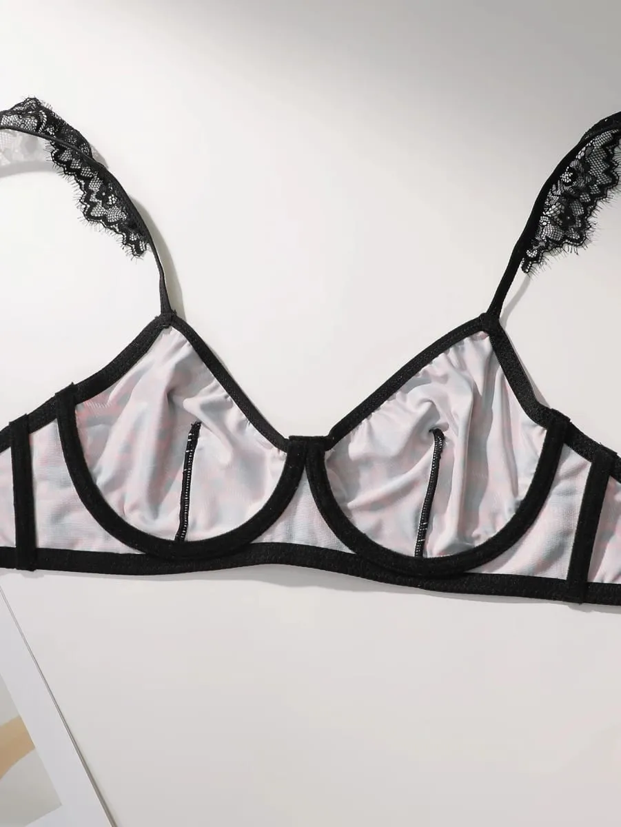 Women Plaid Heart Print Lingerie Set Lace Spaghetti Strap Bra And Panty Set Soft Comfortable Ladies Intimate Sleep Underwear Set