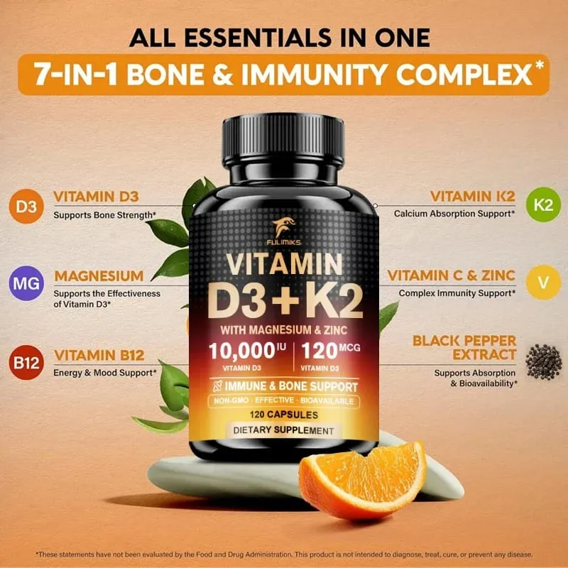 High Absorption Vitamin D3+K2 Supplement with Magnesium & Zinc Supports Bone Teeth Muscle & Immune Health for Daily Life
