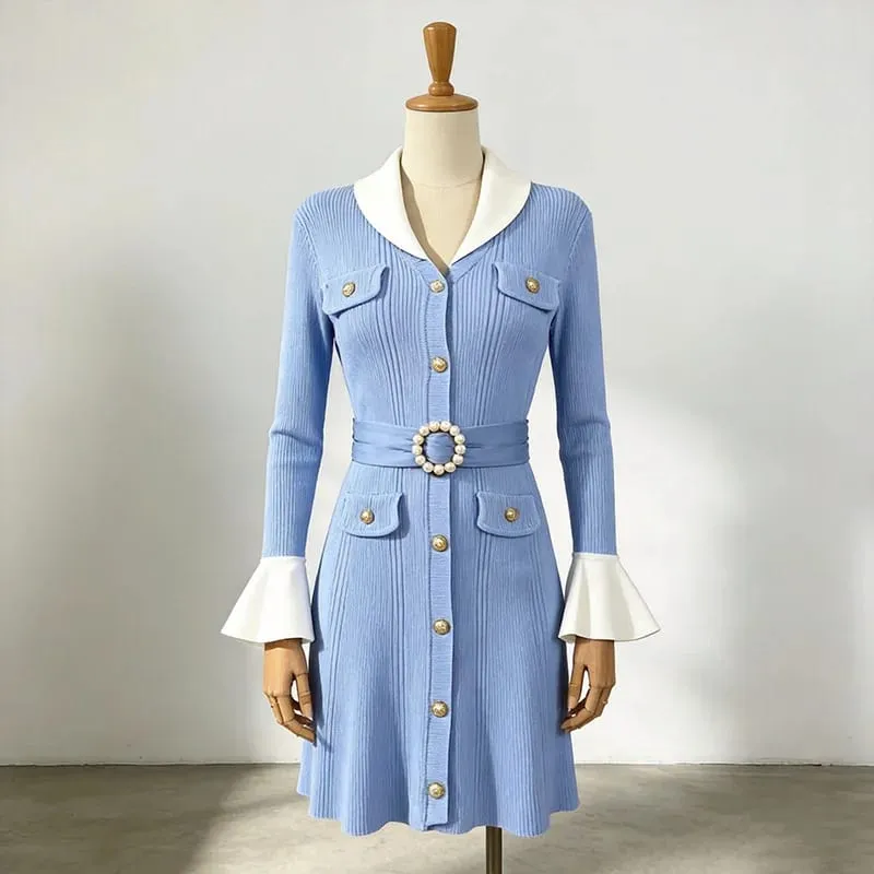 New 2026 Autumn Winter Knitted Sweater Dresses for Woman Fashion Flare Sleeve Hit Color Short Casual Party Dress Elegant