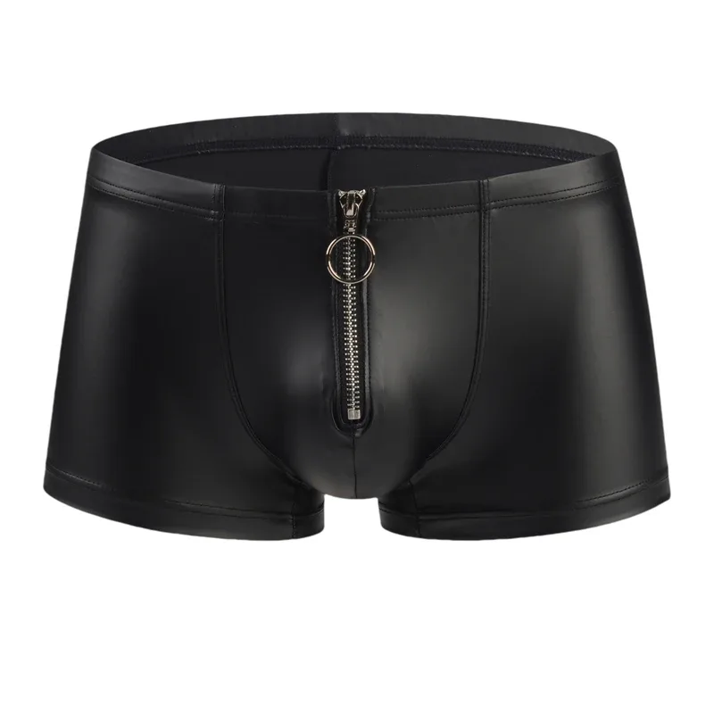 Sexy Herrenhöschen Kunstleder Herren Boxershorts Unterhosen Reißverschluss Slip Homme U Pouch Herren Boxer Dessous Cueca Calzoncillo