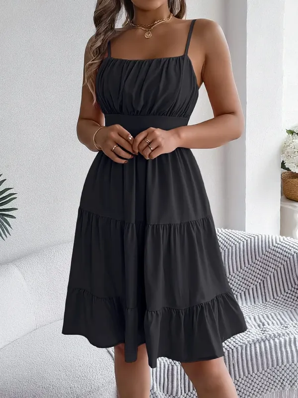 Casual Vacation Ruffled Camisole Dress Spring Summer Women's Solid Dresses For 2026 Valentine's Day Woman Clothing Pink Blue
