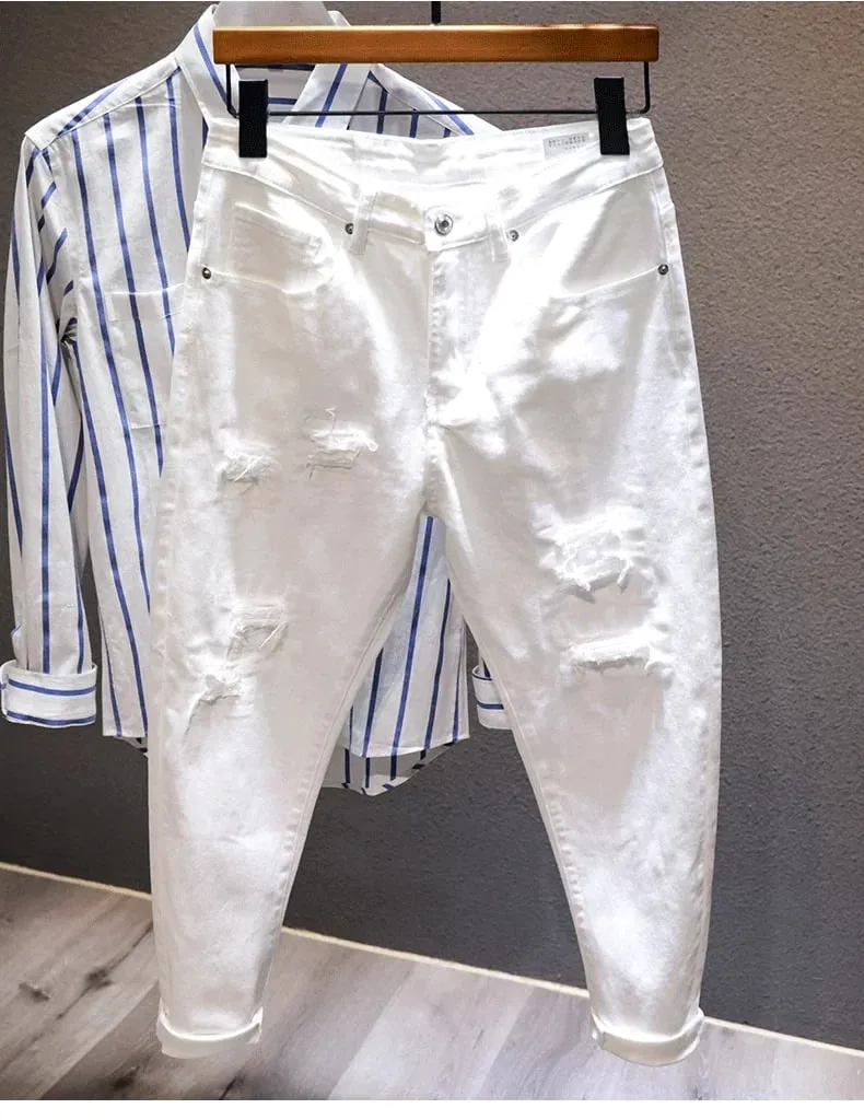 Nové džíny s roztrhanou dírkou Muži Bílá Móda Harém Pánské Kalhoty Univerzální Stretch Pohodlné Streetwear Džínové kalhoty