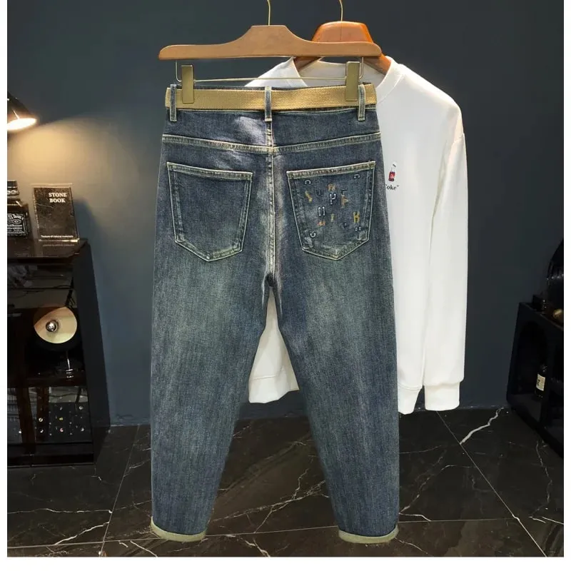 2025 Autumn/Winter Nine Point Jeans Men's Trendy Embroidered New Blue Retro Small Foot Slightly Loose PANTS fashion handsome
