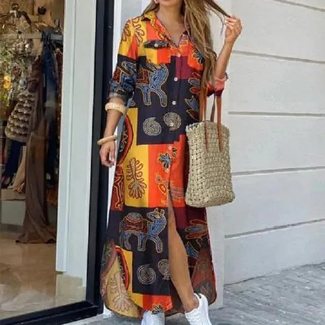 Robe longue en Denim pour femmes, manches longues, chemise, avec poches, boutons, imprimée, décontractée, ample, nouvelle collection automne 2023