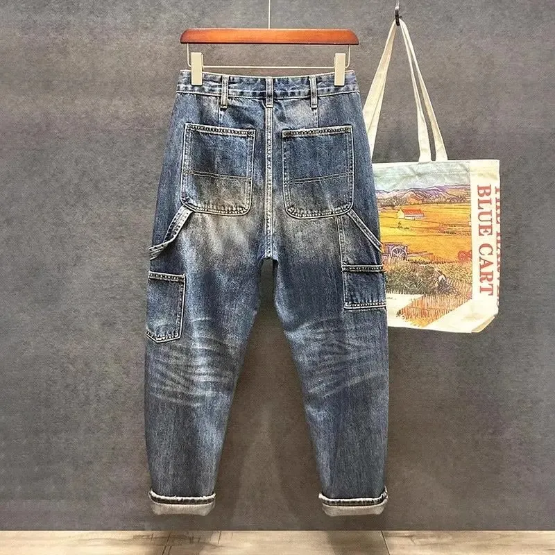 Original Luxury Brands Clothing Punk Handsome Design Trendy Brand Pants Men's Loose Straight Sticker Splicing Logging Work Jeans