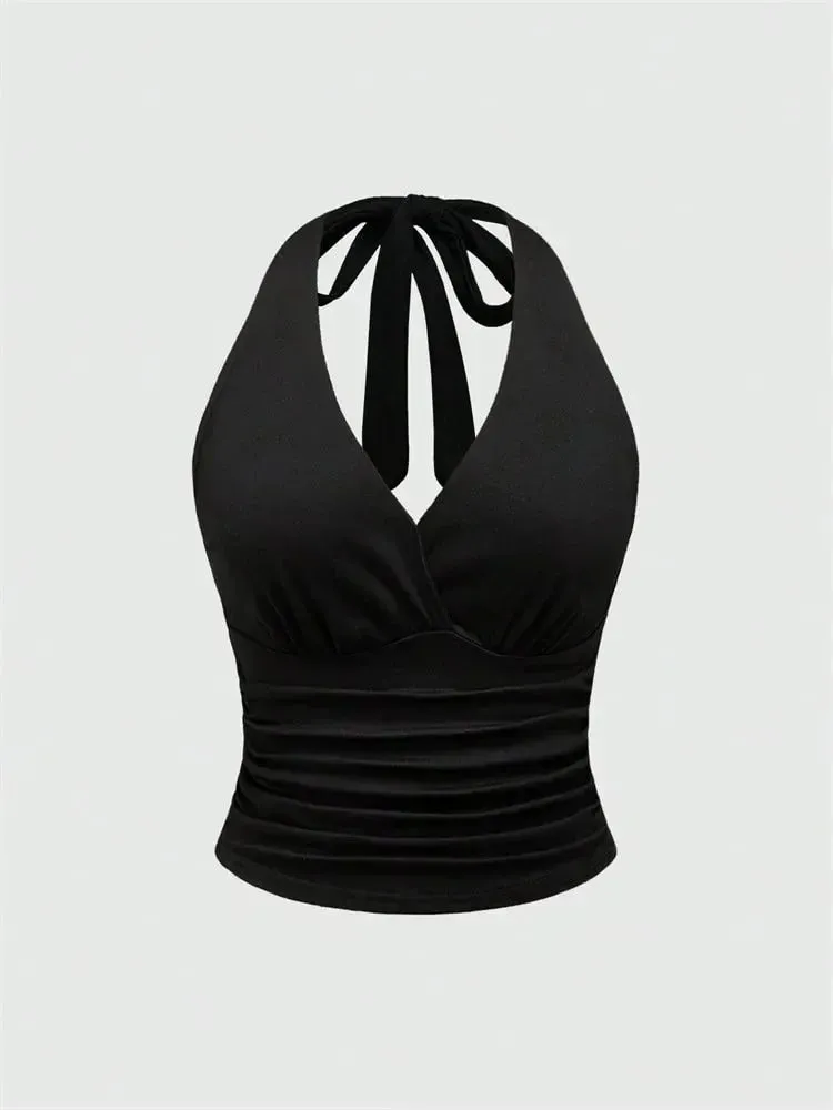 Solid V-hals Rygløs Halter Crop Top til Kvinder Sommer Sexet Y2K ærmeløs Ruched Top Streetwear