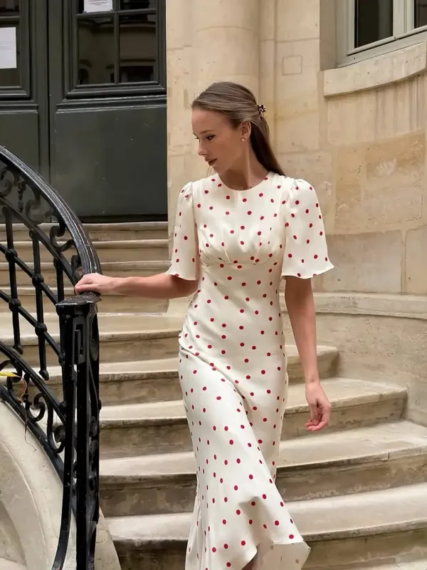 Women's White Red Polka Dot Mixi Dress Elegant Round Neck Flutter Short Sleevewaist Cinching Dresses Women Summer Daily Outfit