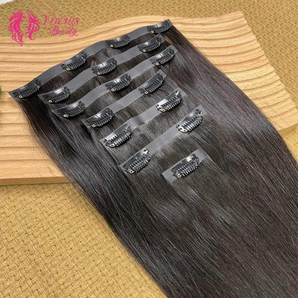15A Seamless Invisible PU Clip in Hair Extensions Human Hair Natural Black Straight 100% Raw Virgin Human Hair 100g 7Pcs/Set
