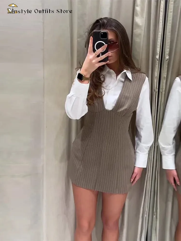 Casual Stripe Sleeveless Mini Dresses Women's Slim Waist-cinching V-neck Dress 2026 New Ladies Spring Summer Solid Outwear