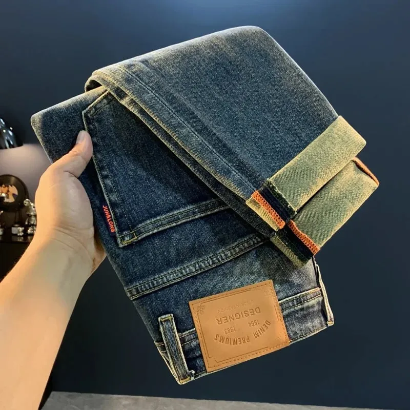 2025 autumn new jeans men's high-end street trend stretch slim fit small feet retro fashion casual pants