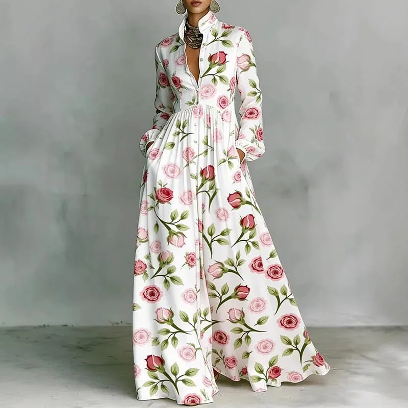 Retro Pattern Print High Waist Pleated Dress Woman Spring Shirt Collar Button Pockets Maxi Dress Long Sleeve Boho Vacation Dress