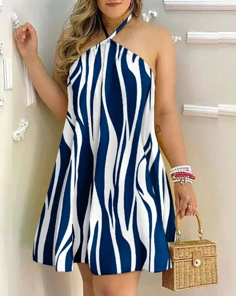 Women Halter Neck Floral Leaf Print Mini Dress Sleeveless Loose Swing Sundress Beach Vacation Casual Short Dress