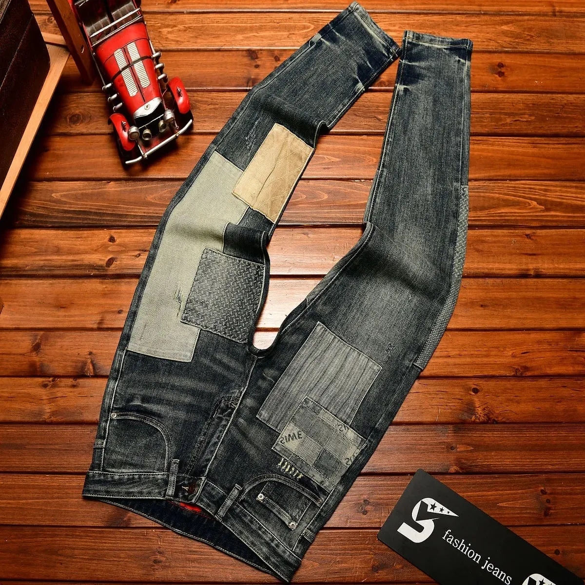 Retro and nostalgic patchwork design jeans for men trendy and fashionable street men's clothing slim fit small foot long pants