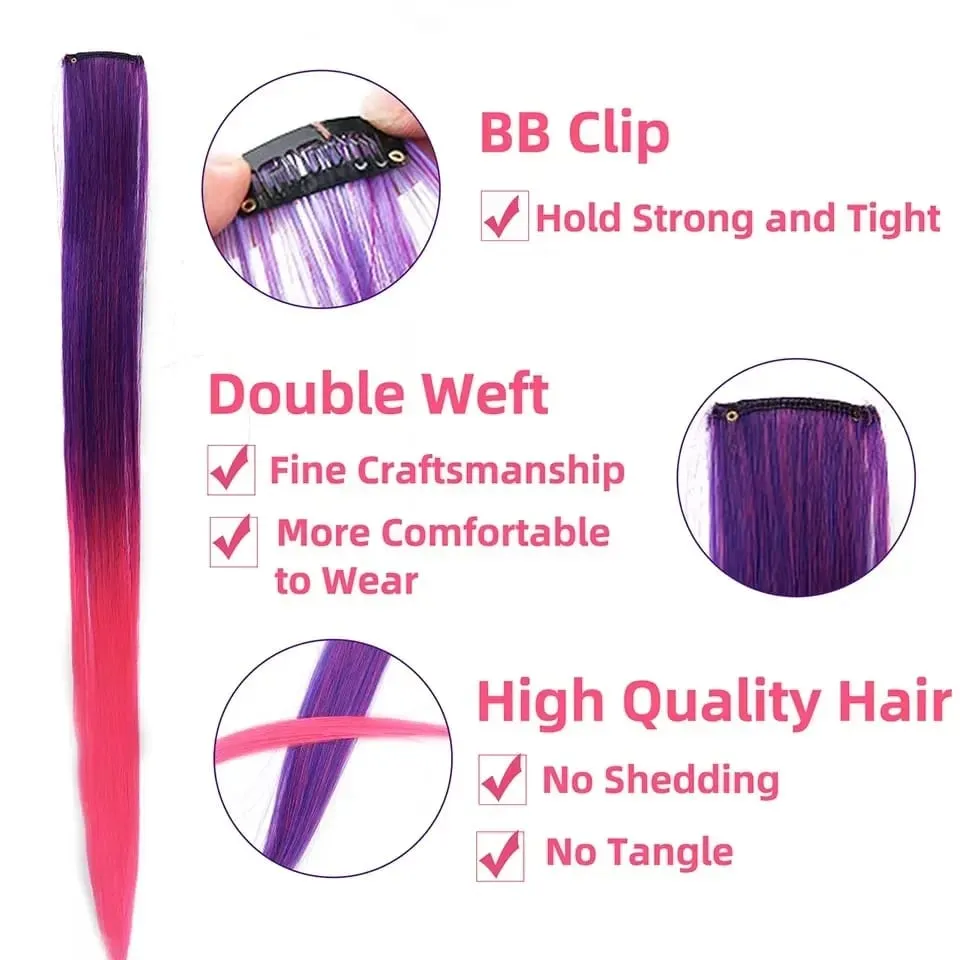 2026 Colored Highlight Hair Extensions 22 Inch Synthetic Rainbow Long Straight Hairpieces Purple Pink Blue for Women Girls Kids