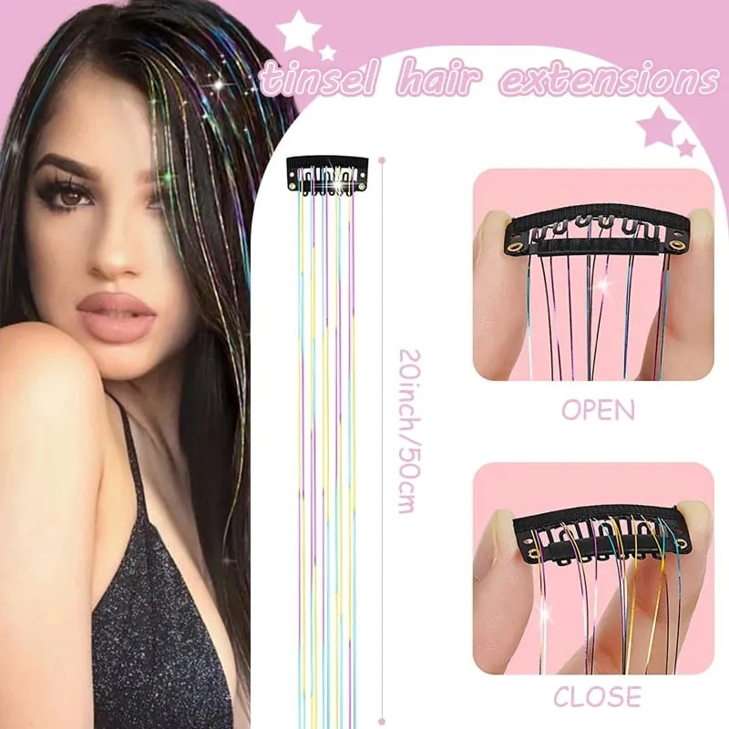 12PCS Synthetic Clip in Tinsel Hair Wig 20inch Hair Tinsel Kit Extensions Shiny Sparkle Hair with Clips for Christma&Party Use