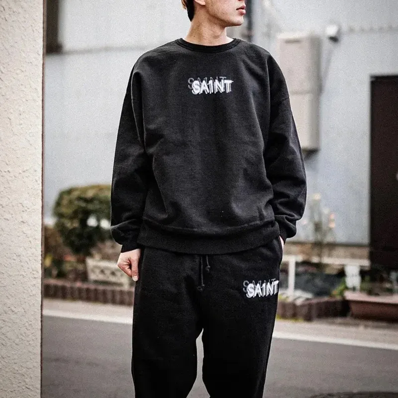 Autumn Winter Classic Overlapping Logo Print Saint Sweatshirts Men Women Couple Colorful Letters Graffiti Washed Black Pullovers