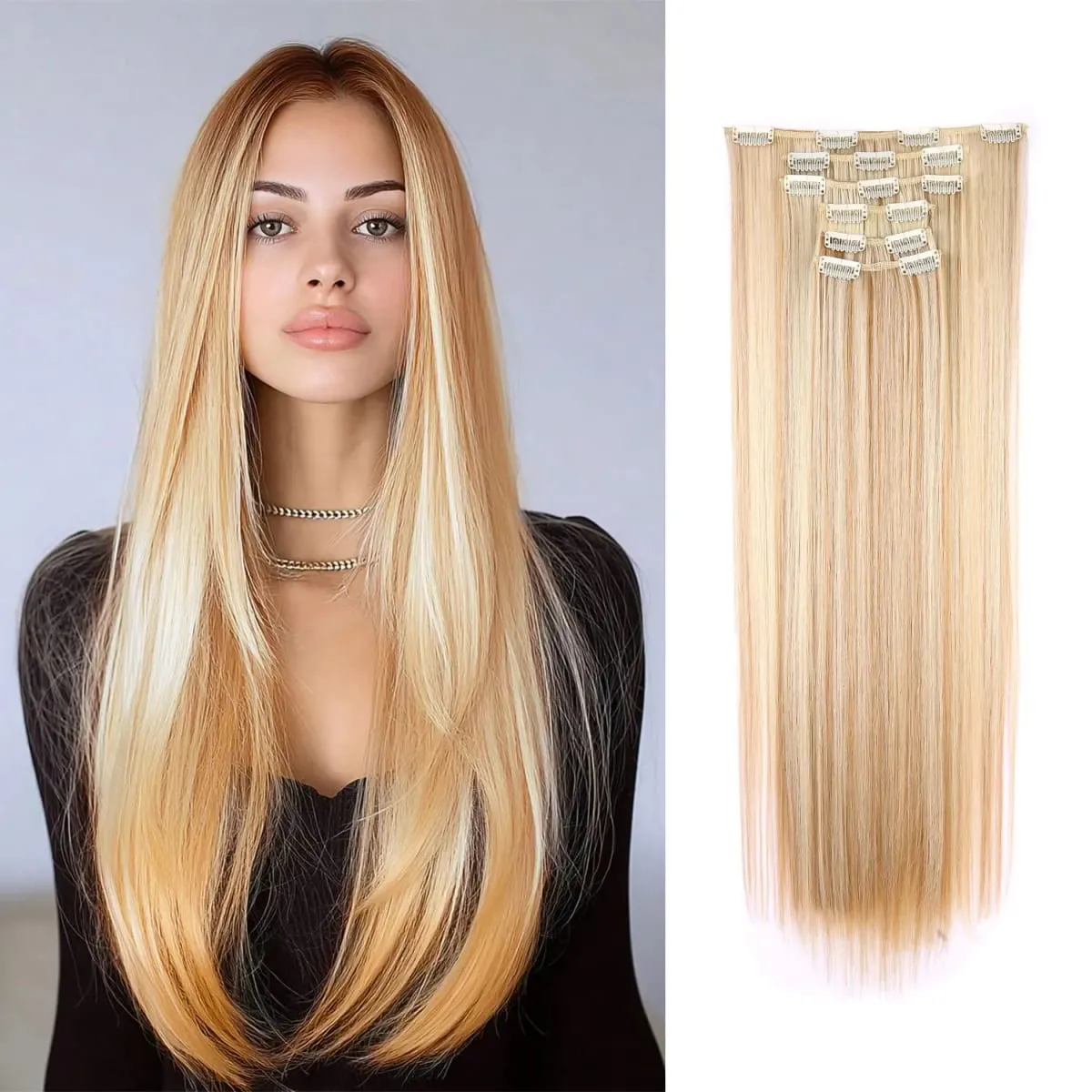 Synthetic Clip in Hair Extensions Clip in 6pcs set Straight Hair 22inch Thick Hairpieces for Women Girls Daily Party