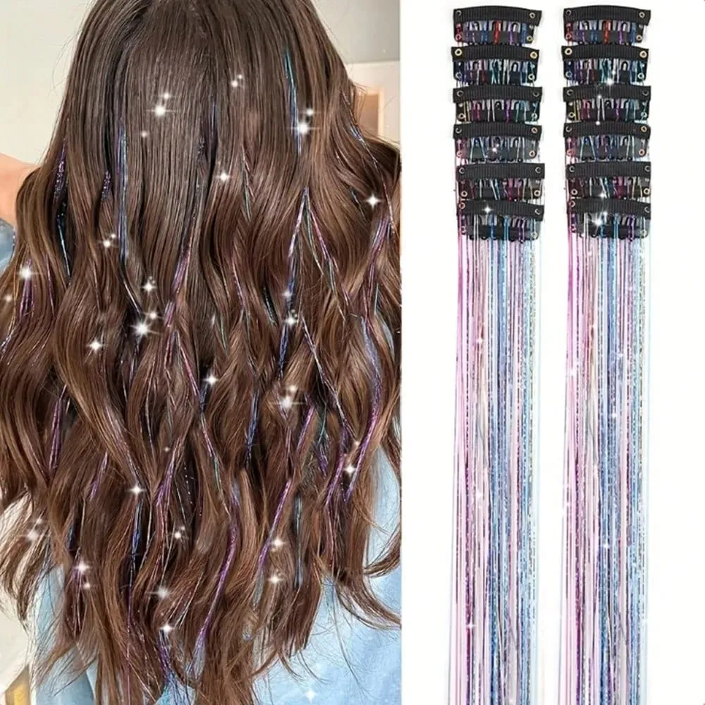 12Pcs Hair Tinsel Clip In 19.7" Glitter Tinsel Hair Extensions Synthetic Clip In Sparkle Hair Accessories For Kids Girls Women