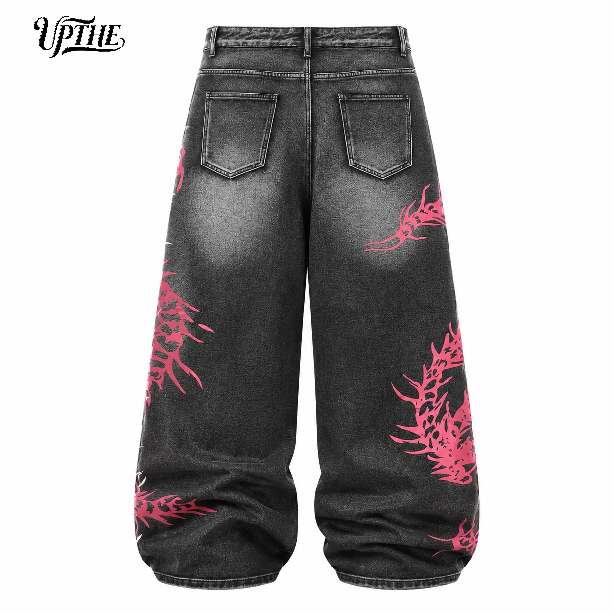 UP.THE Men Baggy Wide Leg Jeans Vintage Washed Black Gray Denim Pants Y2K Oversized Loose Centipede Skeleton Print Streetwear Jeans for Daily Casual Hip Hop Outfits