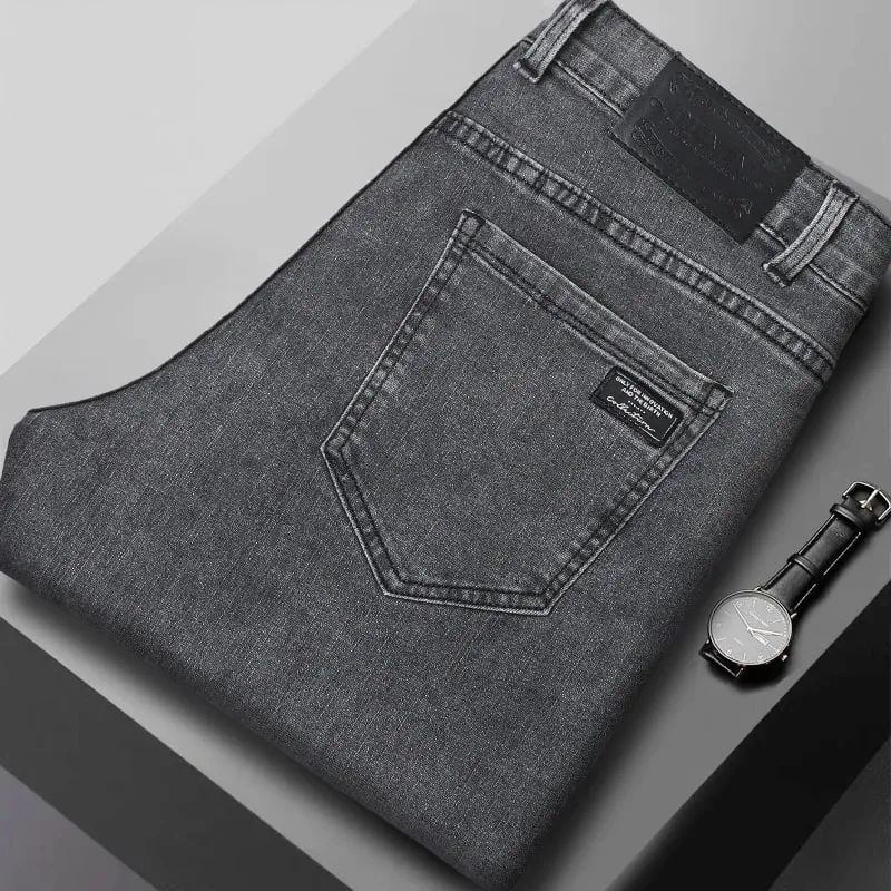 Men's Slim Jeans Korean Fashion Elastic Straight Casual Denim Pants Comfortable Work Male Spring Autumn Trousers Black Gray