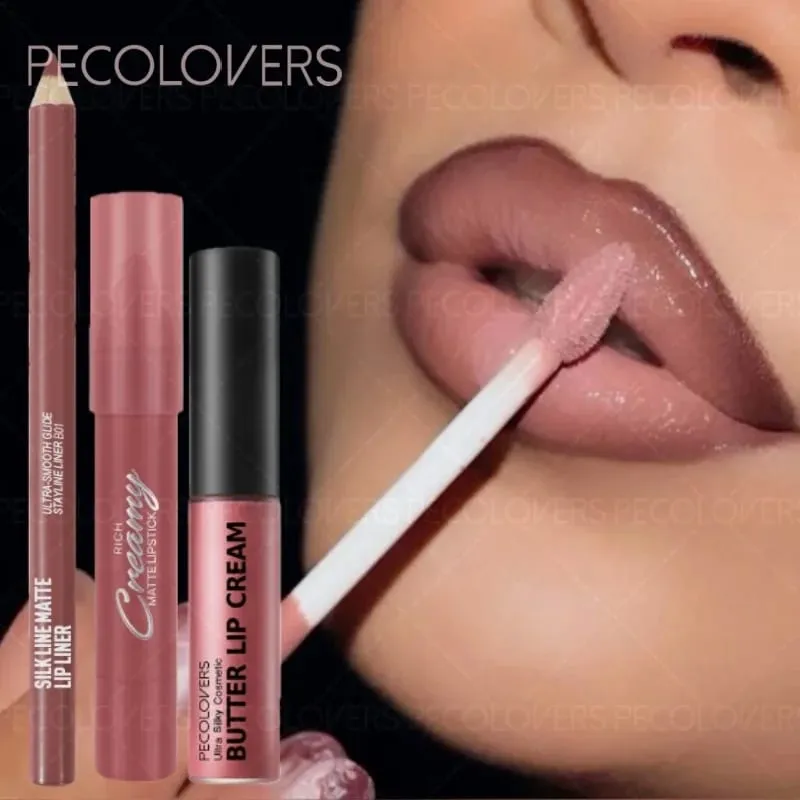 3PCS/SET Long-Lasting Non-Stick lipstick pen&Waterproof Lipliner Pencil & Long-Lasting Lip Oil Lip Gloss Beginner-Friendly