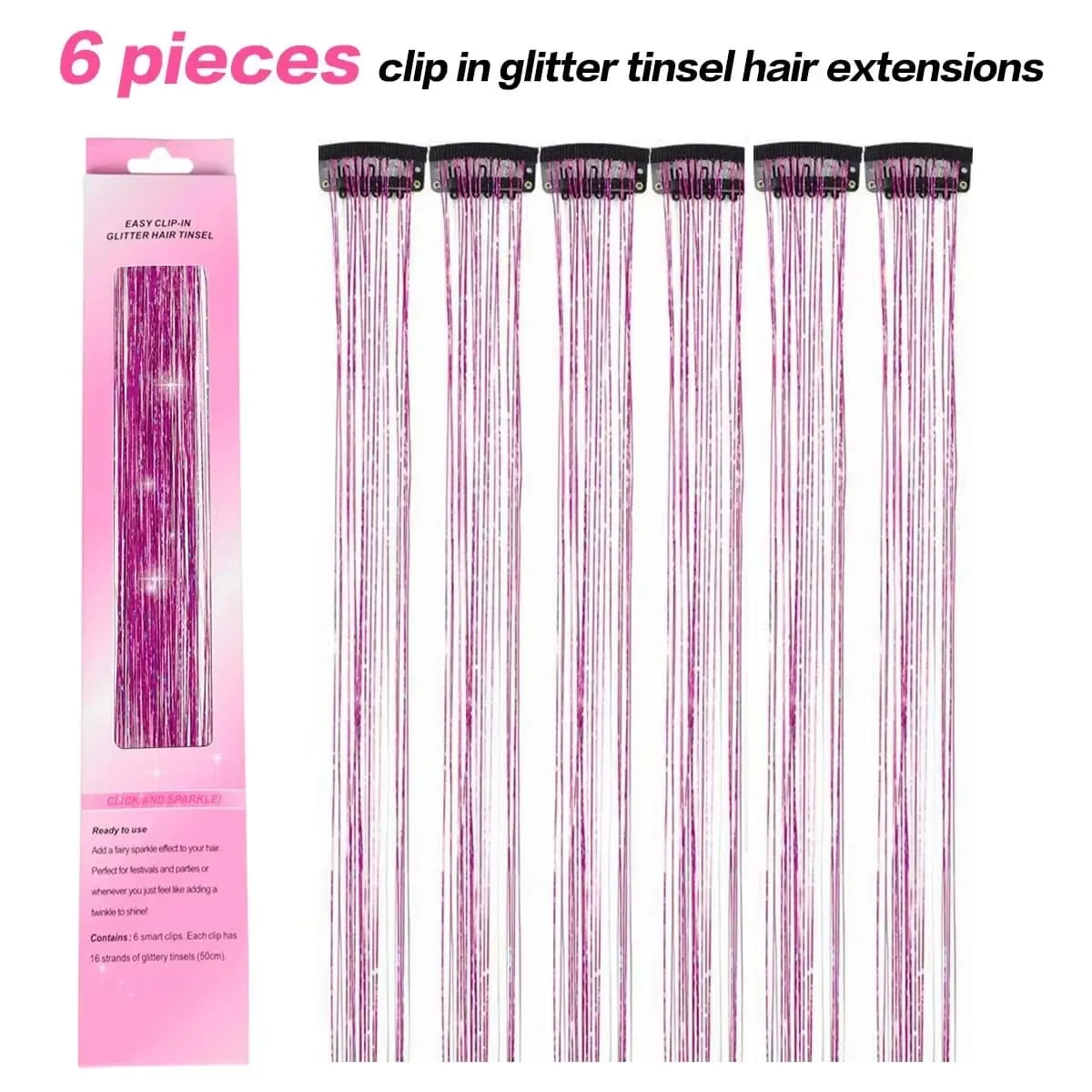 6Pcs Hair Tinsel Clip in Hair Extensions 20 Inch Synthetic Colorful Shiny Sparkle Glitter Tinsel Hair for Women Girls Cosplay