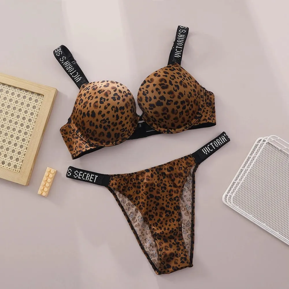 Victoria Secret Hot Sexy Lingerie Set Very Sexy Logo Shine Strap Push Up Bra With Shine Script Thong Panty