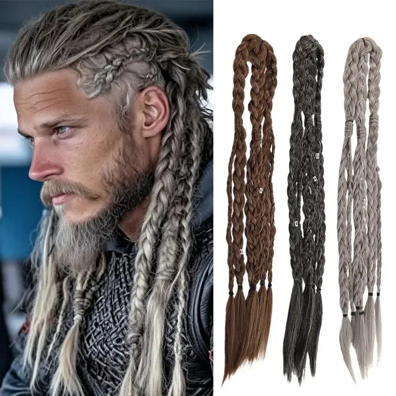 Men Viking Braids Hair Extensions Synthetic Clip In Braided Hair Pieces Cosplay Renaissance Festival Hair Accessories For Men