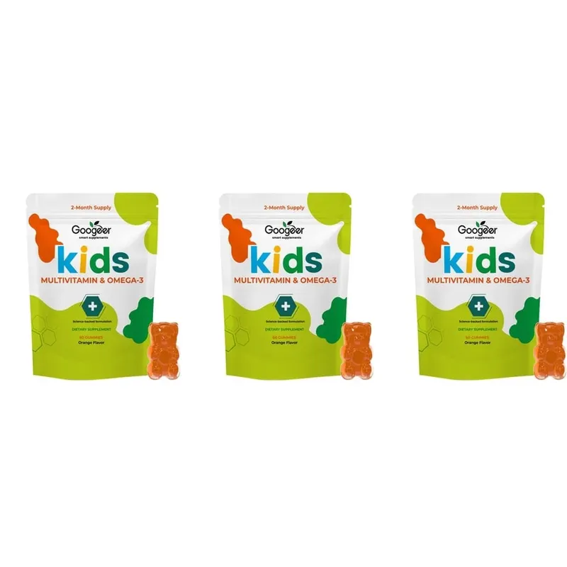 Googeer Kids Multivitamin & Omega-3 Gummies Vitamin C D3 B6 B12 Zinc Fish Oil Orange Flavor 60 Count Daily Nutrition Support