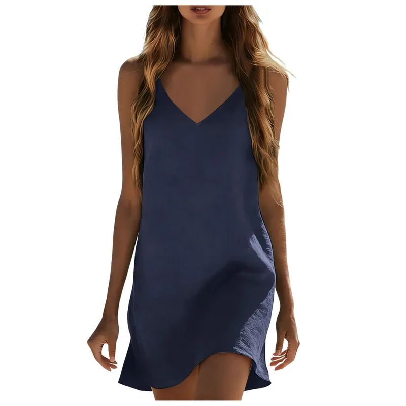 Cotton Linen Dresses For Women Summer Sleeveless V Neck Mini Dress Loose Fit Casual Beach Vacation платье летнее