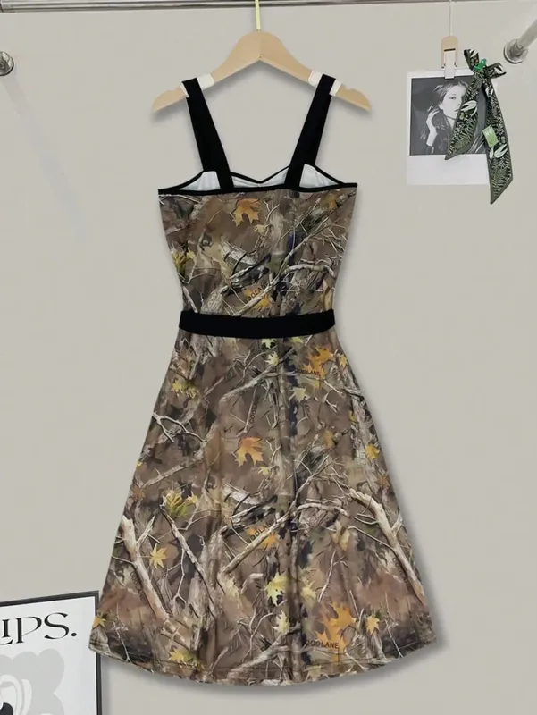 Womens Camo Print Spaghetti Strap Mini Dress Sweetheart Neck Bowknot Waist A Line Summer Party Dress