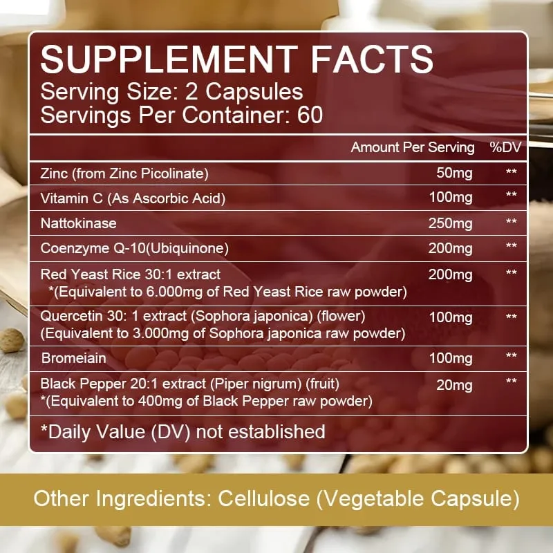 Nattokinase Capsules 10 100MG with CoQ10 + Red Yeast Rice Quercetin + Bromelain -Immune Booster