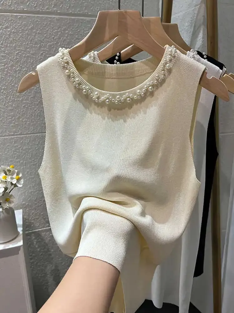 White Women Camisole 2026 New Summer Slim Thin Ice Silk Knit Vest Trendy Beaded Decor O-Neck Sleeveless Tank Top