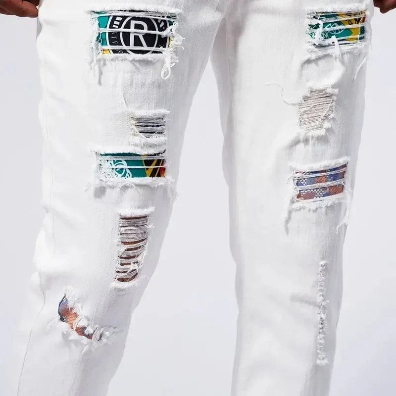 Witte 97% katoenen jeans herenkleding nieuwe gescheurde slanke patchwork mode gat skinny elasticiteit denim broek mannelijke streetwear — image 6