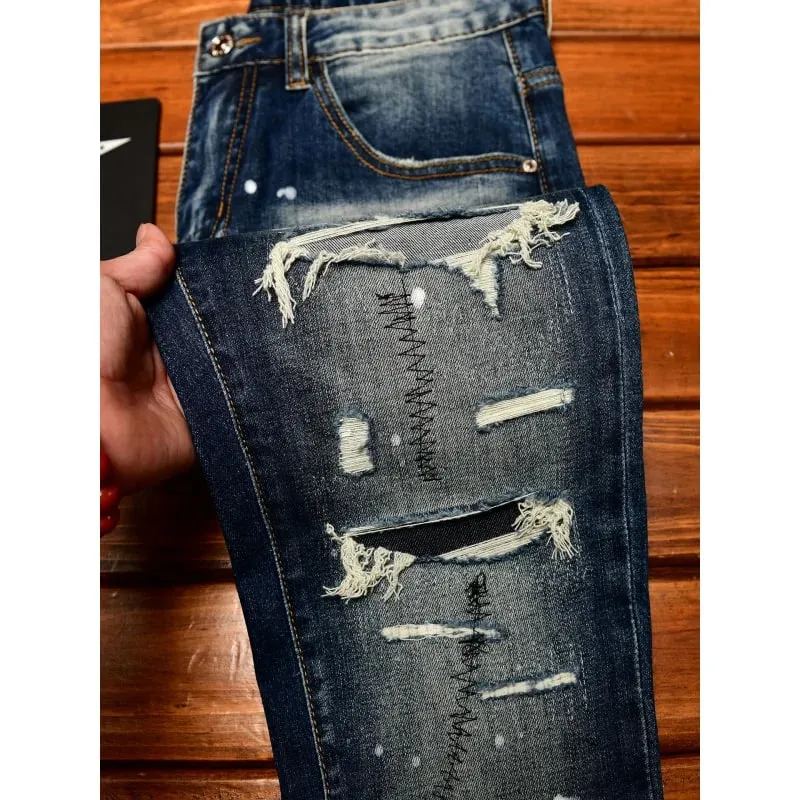 High end nostalgic jeans for men slim fit with small holes patches scraped inkjet street trend elastic retro denim pants