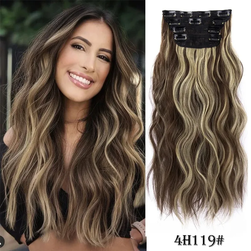 Clipe sintético longo ondulado feminino de alta temperatura, extensão de cabelo sintético, 4 peças, clipe longo, macio, ondas glam, grosso