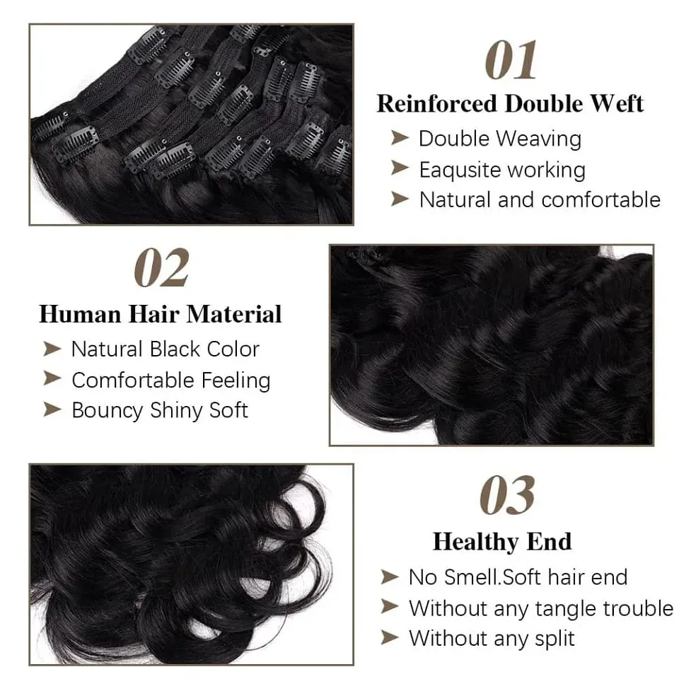 Body Wave Clip In Human Hair Extensions Full Head Brazilian Virgin Hair Clip on Hair Extensions för kvinnor 8 st/set 120 grams inslag