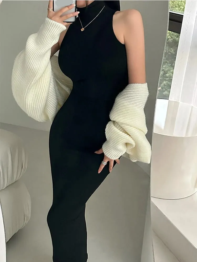 Vermelho magro sexy gola alta midi vestido feminino festa de noite senhoras elástico hip envoltório elegante bodycon vestidos y2k roupas