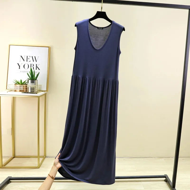 Plus Size L bis 6XL Damenkleid Modal Ärmelloses Tankkleid Plissiertes Schlafkleid Mittellange Taillenschlankungskleider Lockere Homewear — image 8