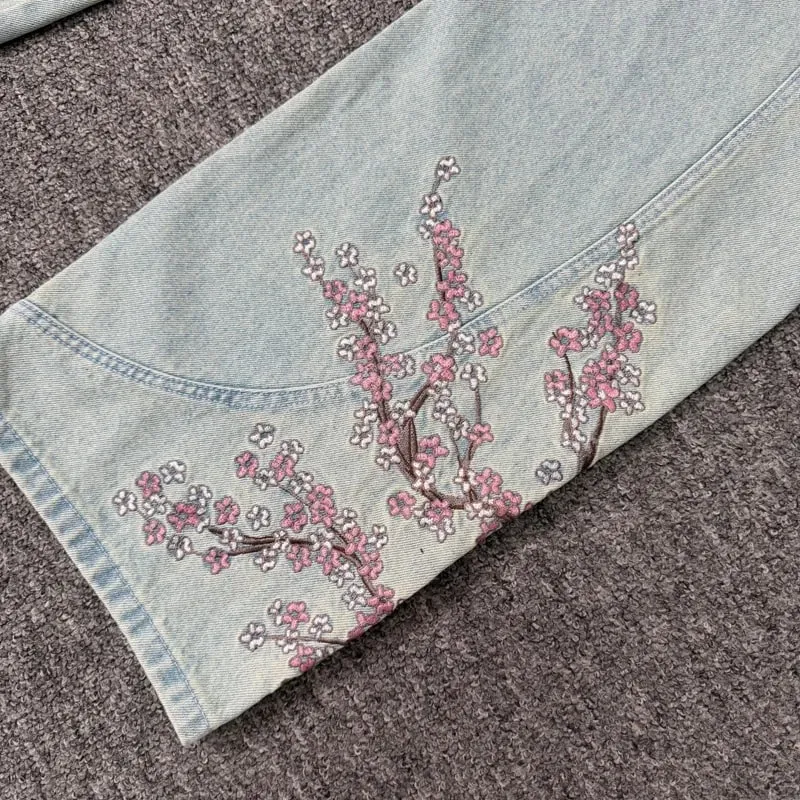 Blue Vescartes Cherry Blossom Knight Loose Straight Jeans High Quality Men Women Streetwear Fashion Denim Trousers Leather Label
