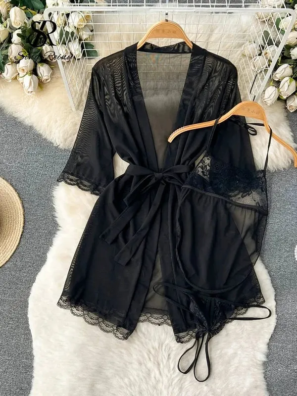 Women Satin Sexy Pajamas Suits 2024 Mesh Long Outwear+Halter Backless Bra+Open Croth Thongs Sheer Lace Nightwear Suits
