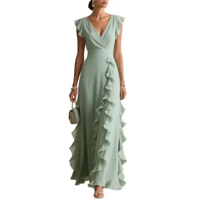 Damen Elegant Einfarbig Rüschen Ärmellos Sexy V-Ausschnitt Langes Kleid Modische Bohemian Damen Party Abend Maxikleider