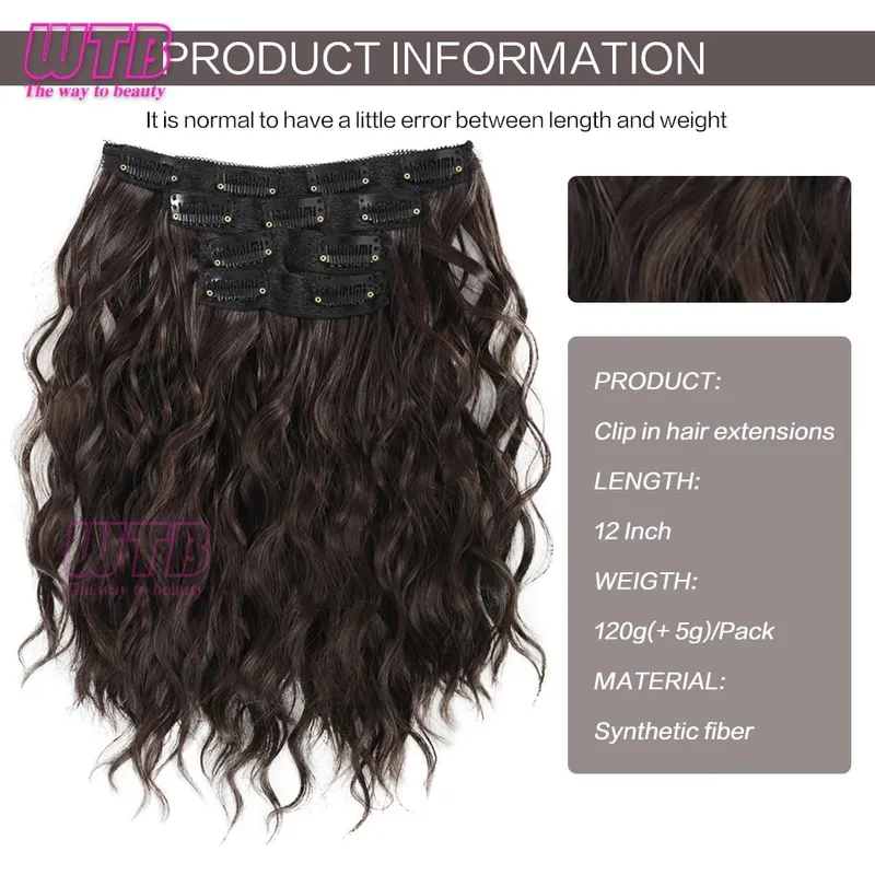 Clip In Hair Extension Synthetic Hair 12Inch 4 PCS Set Wavy Curly Hair Extension Synthetic Hairpieces Para sa Babaeng Babae Araw-araw na Paggamit