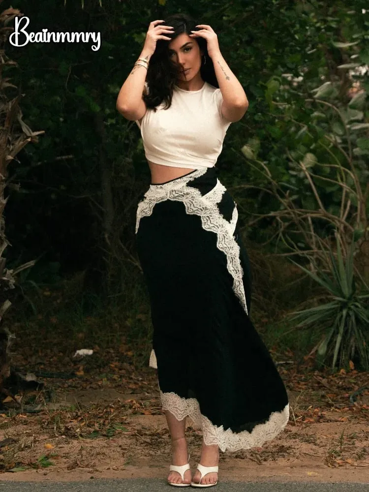 Lace Patchwork Cut Out Short-sleeve Twisted Tee Dress Color Block Gathered Lace Panel Maxi Dresses Women's Chic Daily Outfit