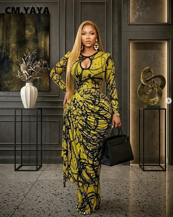 CM.YAYA Women Striped Print Ribbon Ruched Long Sleeve Bodycon Maxi Long Dress 2026 Sexy Birthday Party Education Trendy Dresses — image 3