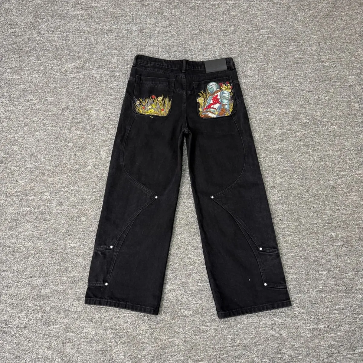 Streetwear Floral Embroidery Washed Baggy Jeans Pants for Men and Women Straight Casual Loose Denim Trousers Oversized