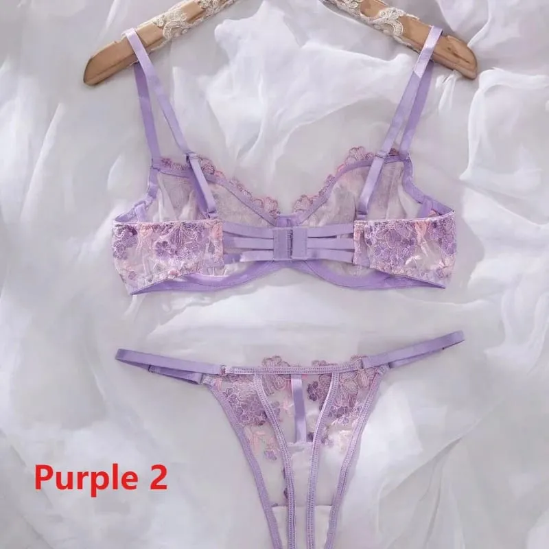 Mulheres transparente bralette underwire 2 peça sutiã e calcinha conjunto floral bordado lingerie sexy conjunto push up sutiã calcinha